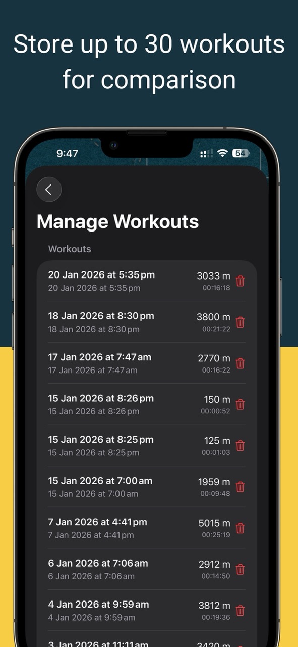 YouVsYou Manage Workouts list showing stored rows with distance and duration